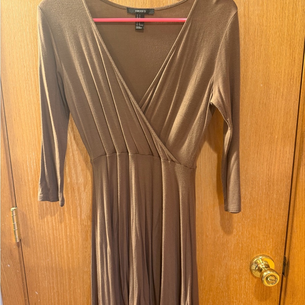 Forever 21 Brown Long-Sleeve Faux-Wrap Maxi Dress